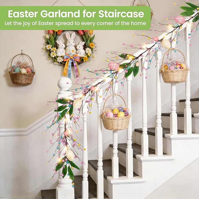 6 FT Pre-Lit Easter Garland with 20 LED Lights & 8 Mode Timer, Mixed Pastel Easter Pip Berry Spring Galand for Mantle Decorations, Lighted Artificial Easter Egg Garland for Fireplace Table Holiday