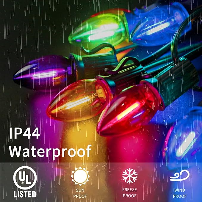 12FT C7 Multicolor Christmas Lights Outdoor, Waterproof LED Plug in String Lights with 12 Shatterproof Bulbs for Porch, Railing, Staircase, Patio, Holiday Decor