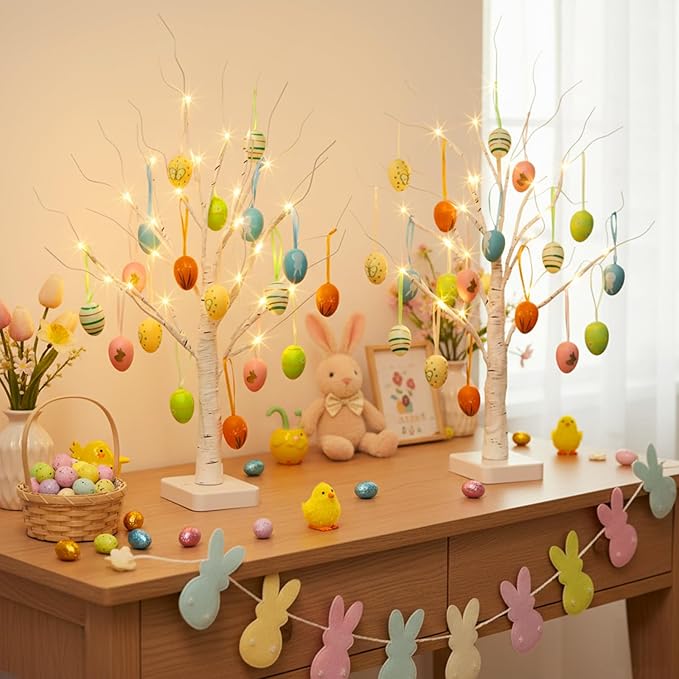EAMBRITE Easter Decorations, Easter Egg Tree with 36 pcs Eggs Ornaments, Lighted White Birch Tree with Timer Battery Powered, for Home Tabletop Centerpiece Spring Indoor Decorations (2 Pack 24 LED)