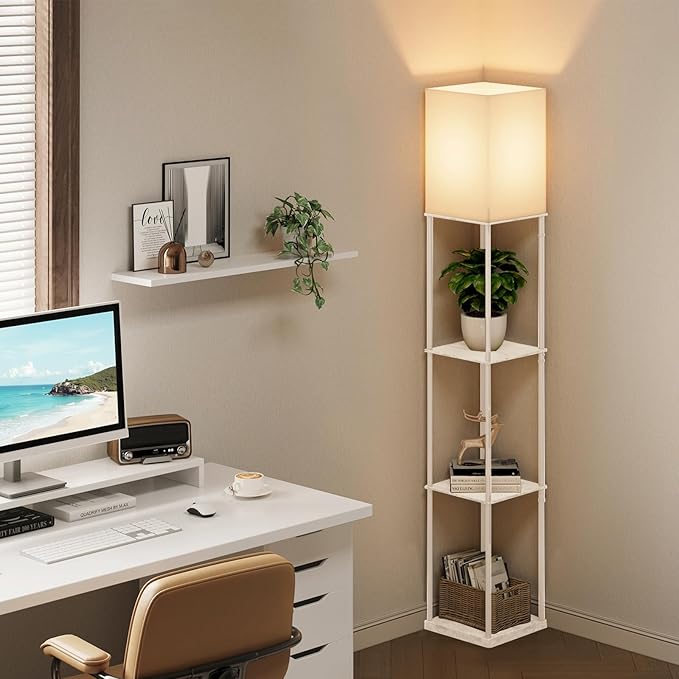 Floor Lamp with Shelves, with Modern Square Standing Lamp with Smart APP Control RGB Bulb, Corner Display Bookshelf Lamp for Living Room, Bedroom and Office (White-9RGB)