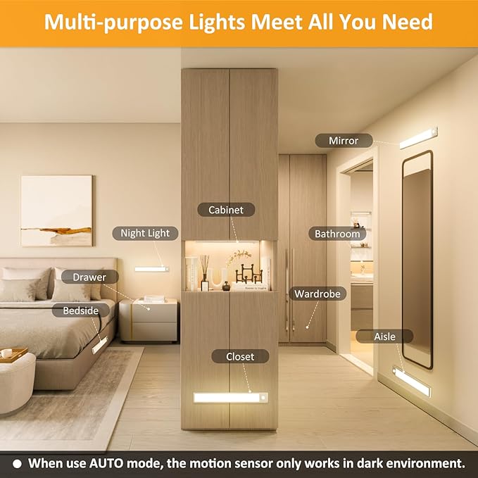 51-LED Motion Sensor Under Cabinet Lighting, 12-inch Magnetic Rechargeable Under Counter Closet Lights, Wireless Light Bar, 3-Pack, Warm White