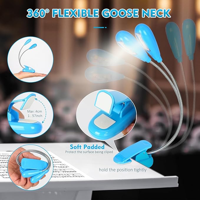 TEECOO Music Stand Light, Clip on LED Book Lights, USB and AAA Battery Operated, Reading Lamp in Bed, 4 Brightness Levels, Ideal for Musician, Piano Player, Travel (Dual Arm, Blue)