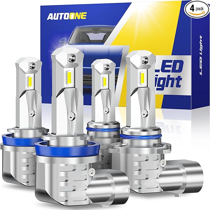 AUTOONE H11/H9/H8 9005/HB3 LED Bulbs Combo 6000K White, H11 9005 LED Lights Fog Lights Canbus, Fanless Mini Size Plug and Play, Pack of 4