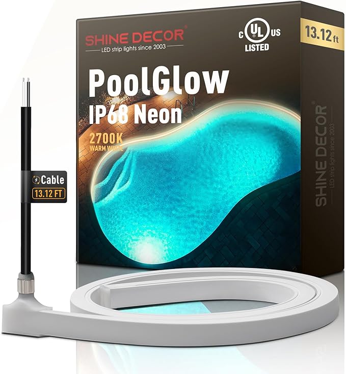 Shine Decor IP68 Waterproof LED Strip Light, 24V Pool Rated Submersible Silicone Neon, Underwater Outdoor LED Rope Light for Pool Fountain Waterfall Bathtub, 16x16mm, Warm White, 13.12FT
