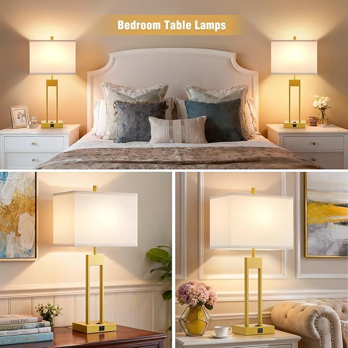 GyroVu 25.5" Nightstand Table Lamps for Bedrooms Set of 2, Bedside Lamp with USB C+A, 3 Colors Changeable Living Room Lamp, Modern Night Stand Lamps for Bed Side Guest Room Reading, Gold+White Shade