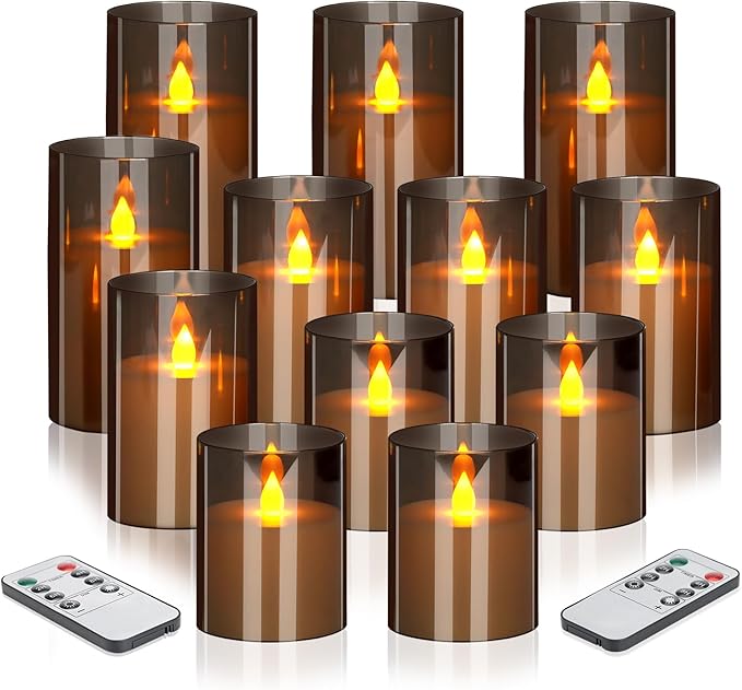 Flameless Candles 4" 5" 6" Set of 12 Acrylic Glass Pillars 3" Diameter Battery Operated Flickering Candles Include 10-Key Remote with Timer Function 400+ Hours (Gray, 12 Pack)