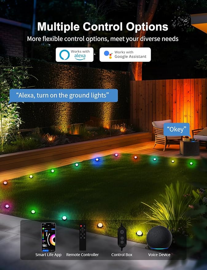 APPECK Smart Ground Lights Wired 32 Pack, 100FT RGBW Color Changing Pathway Lights, 2200K Warm White Landscape Lighting, for Garden Yard Lawn Path Holiday Party Decor, with App/Google Assistant
