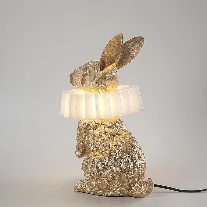 Scarf Rabbit Table Lamp,Resin Crafted Gold Bunny Lamp Featuring White Pleated PC Lampshade,USB Plug,Energy-Efficient Nightstand Lamp (Gold Standing)