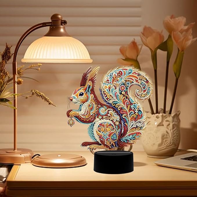 Gorgeous Squirrel Diamond Art Painting Night Light,Diamond Art Painting Kits Desktop Touch Lamp Ornaments for Tabletop Decor Diamond Art Accessories for Adult Beginner Bedrooms Living Room