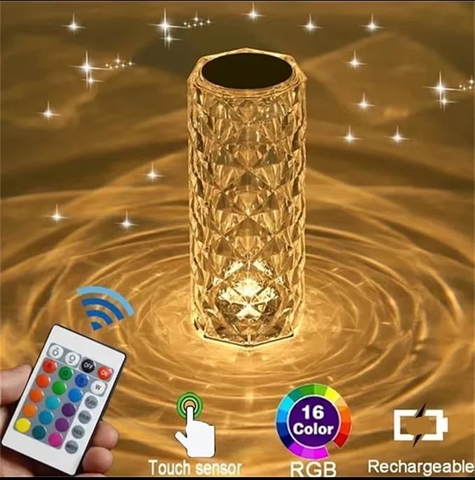 Can Switch 16 Colors Artificial Crystal Table Lamp, RGB Color Changing Rose Diamond Design with Remote Control USB Charg Touch Sensor Ambient Lighting, Artificial Crystal Table Lamp (16 Colors-Large)