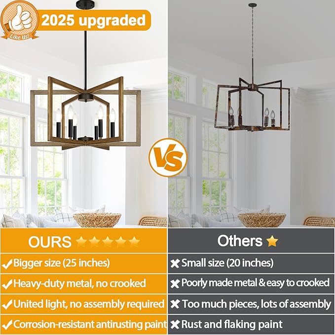 25" Retro Wood Texture Chandelier for Dining Room, No Assembly Required Dining Room Light Fixture Over Table, Industrial Metal Hanging Pendant Lights Fixture for Kitchen Island, Entryway, Foyer