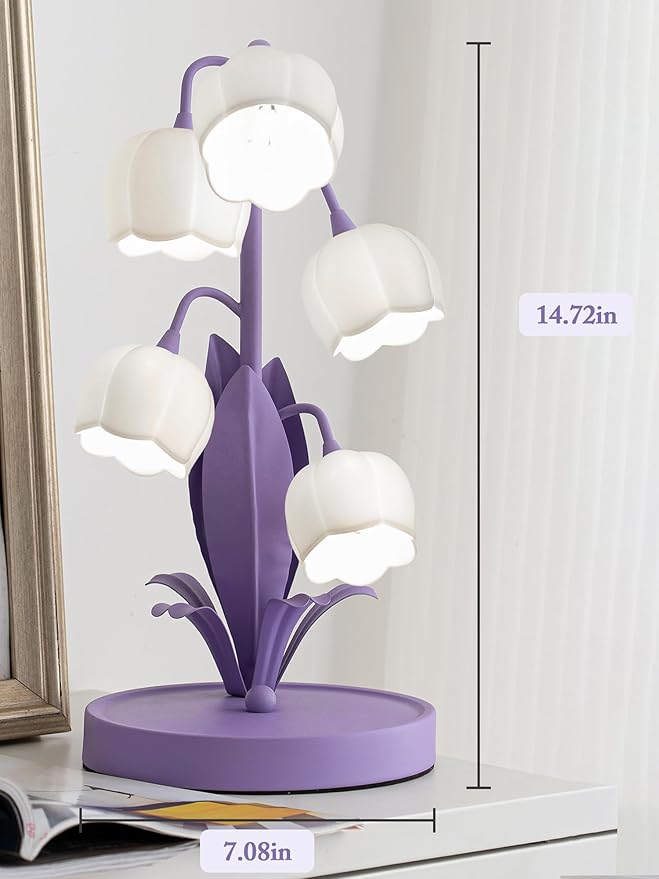 Flower Lamp for Home,Bedside Vintage Table Lamps,5 Lily of The Valley Reading Lights,3 Colors Modes Kawaii Bedside Lamp Decor,with G4 Bulb Nightstand Light for Living Room Office Bedroom (Purple)