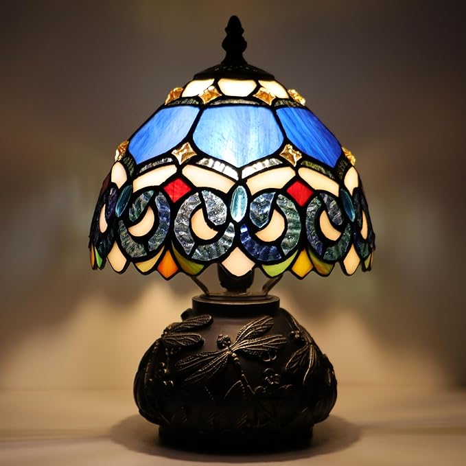 Small Tiffany Mushroom Table Lamp,Mini Memory Sympathy Antique lamp 8X11 Inch (Blue Baroque)