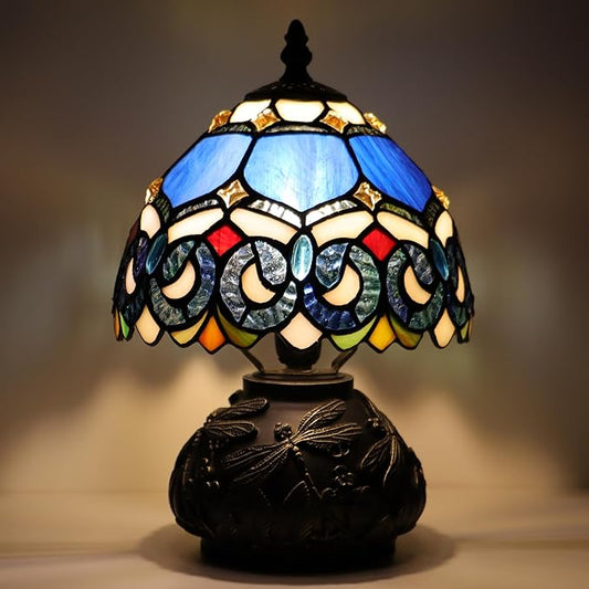 Small Tiffany Mushroom Table Lamp,Mini Memory Sympathy Antique lamp 8X11 Inch (Blue Baroque)