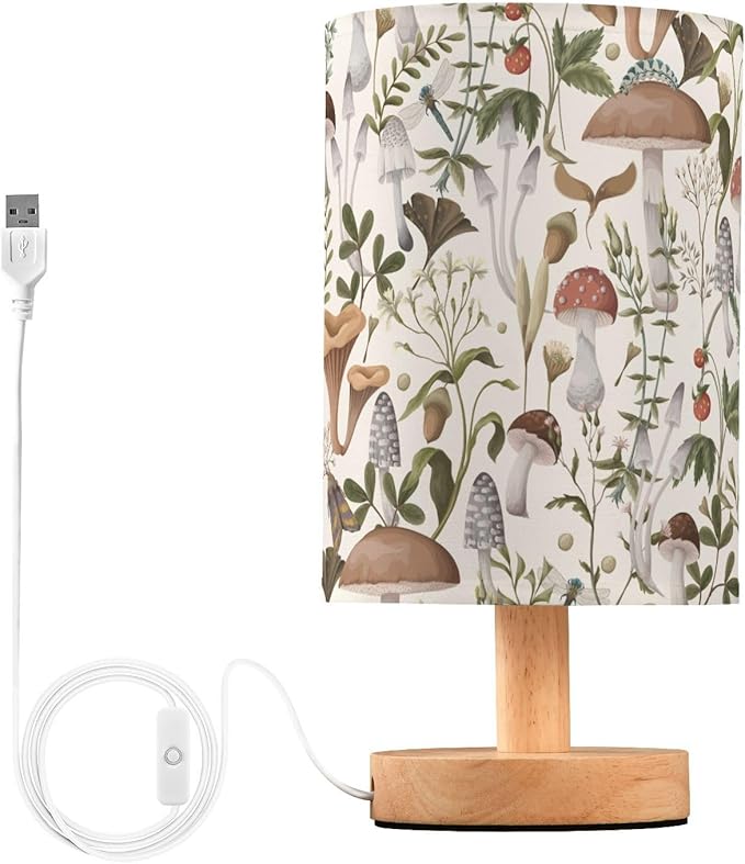 Bedside Table Lamp Mushrooms Nightstand Lamp with Wood Vintage Flower Leaves Desk Lamps for Bedroom Living Room Nursery Office Home Decor