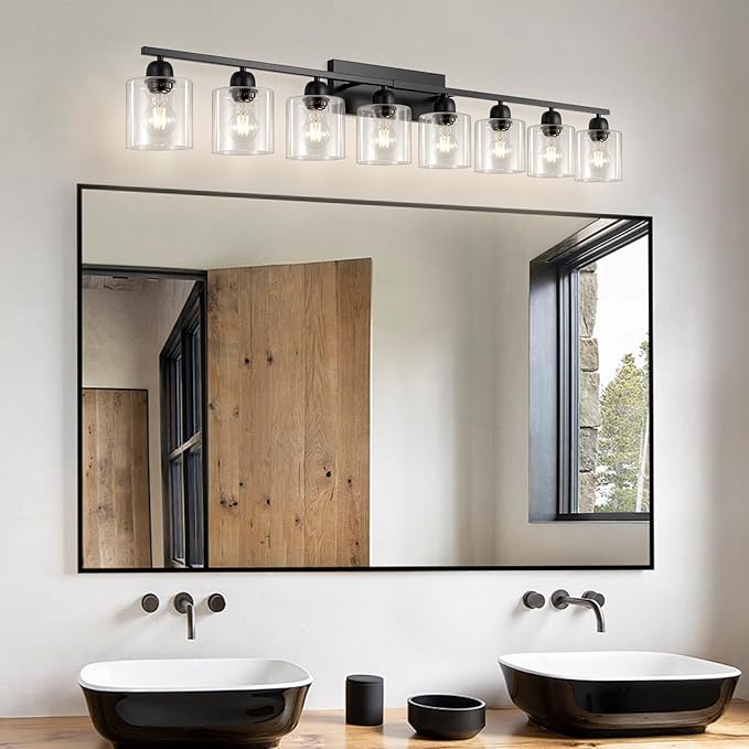 Modern 8 Light 52 inch Vanity Lights for Bathroom with Clear Glass, Black Bathroom Light Fixture for Mirror Kitchen Living Room Hallway Cabinet Porch