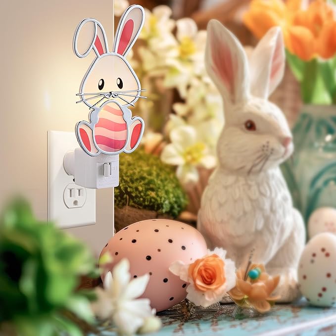 Easter Bunny Night Light Plug Into Wall, Resin Bunny Egg Light Decoration with C7 LED Bulb, Decorative Holiday & Valentine Night Lights for Bedroom Bathroom Living Room