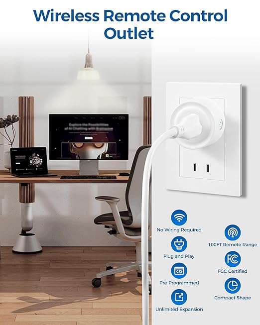 Remote Control Outlet, WILAWELS Wireless Light Switch, Removable Remote Light Switches, On Off Remote Outlet Switch for Lamps, Lights, Fan, Appliance, Expandable, 100ft RF Range, FCC Listed W05RC1106