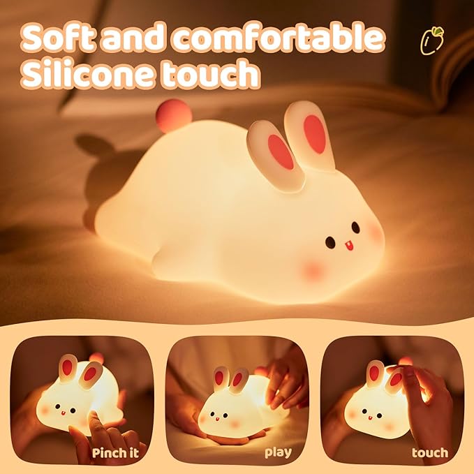Big Face Rabbit Night Light, 3-Level Pat Control & Cute Squishy Lamp for Kids Room, USB Rechargeable with Timer, Easter Gifts