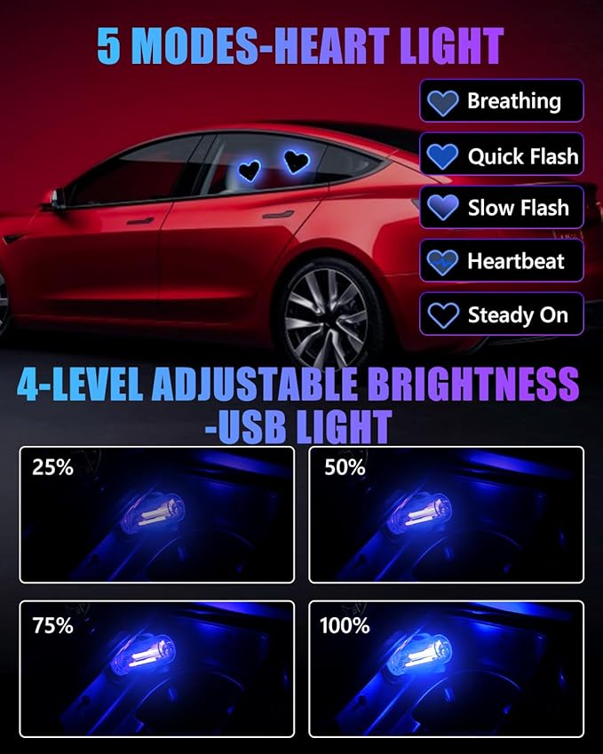 Valentines Day Decorations Car LED Interior Lights, Solar & Type-C Rechargeable Heart-Shaped Car Ambient Lights, 2 PCS Heart Lights & 2 PCS Mini USB Lights, Blue Car Decorations