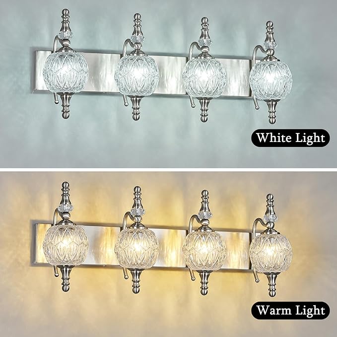 Modern Crystal Bathroom Vanity Lights Fixtures Over Mirror Brushed Nickel Vintage 4-Lights 28 Inch Bathroom Light Fixtures Glass Crystal Vanity Lights