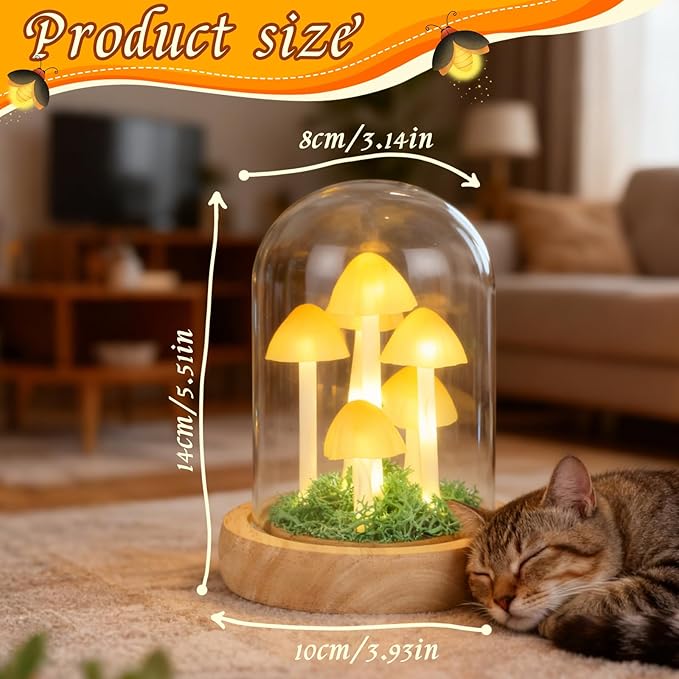 Decorative Mushroom Lamp with Glass Dome, Warm LED Night Light for Bedroom & Living Room, Unique Mushroom Gifts for Women, Christmas & Birthday Decor