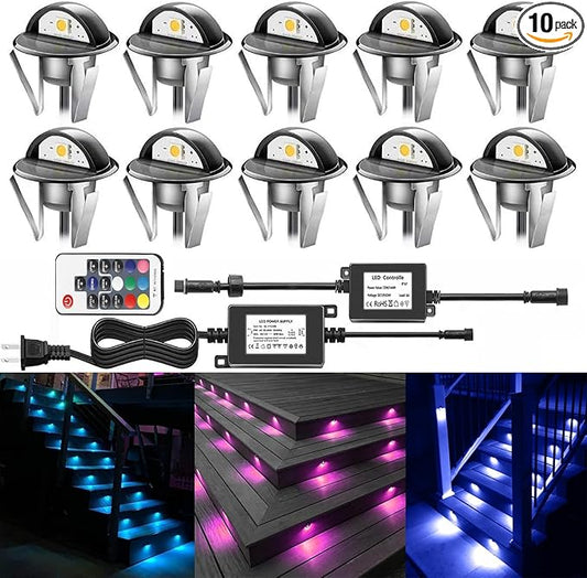 10PCS Low Voltage LED Deck Lighting Kit,0.2W-0.4W Low Voltage Multi-Color RGB Stainless Steel Waterproof Outdoor Landscape Garden Yard Patio Step Decoration Lamps LED In-ground Lights (RGB)