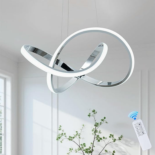 MAYNA Modern LED Chandelier for Dining Room, Dimmable LED Pendant Light with Remote, Irregular Infinity Light Fixture for Kitchen Island, 3 Color Changeable Chandelier, Chrome 19.7 inch