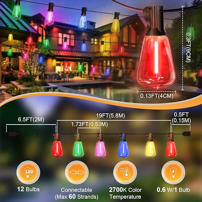 LAMPHOME 26Ft ST38 Outdoor String Lights, Multicolor Patio Lights with 12+1 ST38 Edison Colorful Bulbs, LED Shatterproof Colorful String Lights for Outside Bistro Christmas Patio Party Decorations