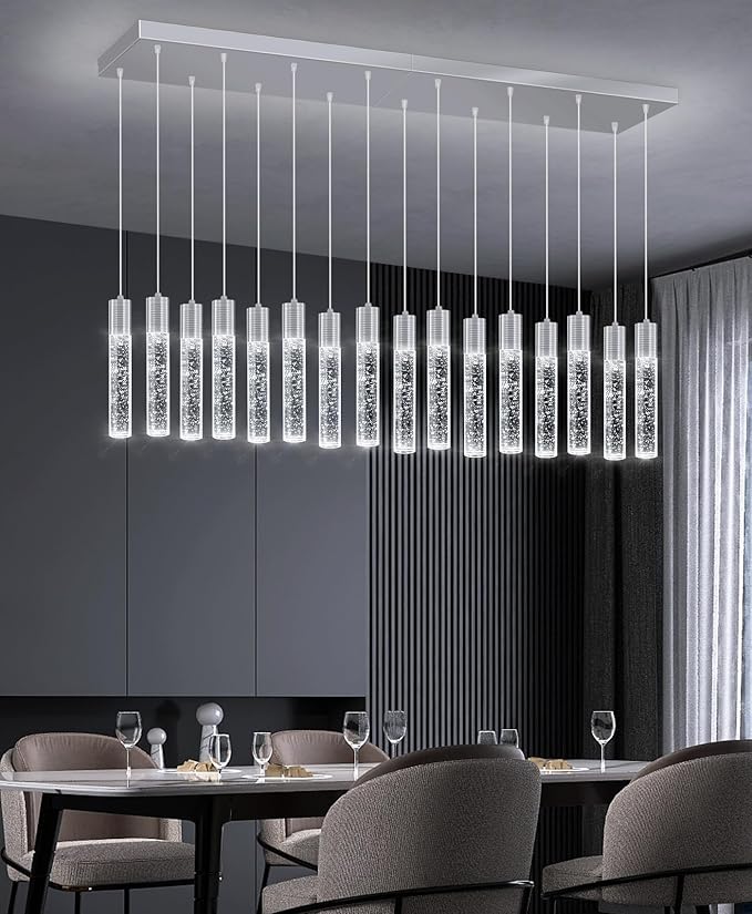 16-Lights Modern Crystal Rectangular Chandeliers LED Pendant Light for Kitchen Island High Ceiling Chandelier for Dining Room Entrance Foyer Living Room Silver