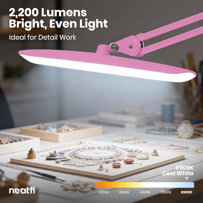 Neatfi XL LED Desk Lamp with Clamp, 2200 Lumens, 24W, 20-Inch Wide Head, Dimmable 4 Brightness Levels, Task Light for Home Office, Crafts, Workbench (Non-CCT, Pink)