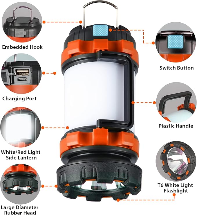 2 Pack Camping Lantern, Outdoor LED Camping Light, Rechargeable Flashlights with 1000LM, 6 Modes, IPX5 Waterproof Portable Emergency Camp Light for Hurricane Survival - Orange