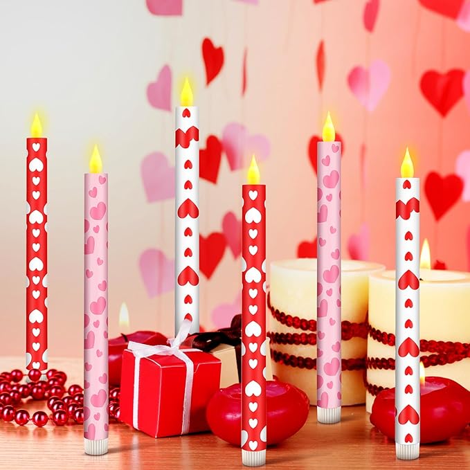 Honoson 6 Pcs Valentine Day Flameless Taper Candles 10.6 Inch Heart Shaped Candles Battery Operated LED Candlesticks for Valentine Wedding Anniversary Dinner Table Home Party Decor