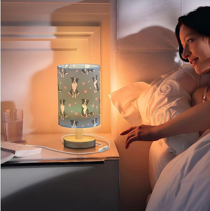 Cute Hand Draw Border Collie and Pink Hearts Bedside Table Lamps with USB Port for Bedroom Lamp Accent Table Lamp Small Nightstand Lamp Linen Shade Decorative Lamps for Kids|Reading|Dome|Home