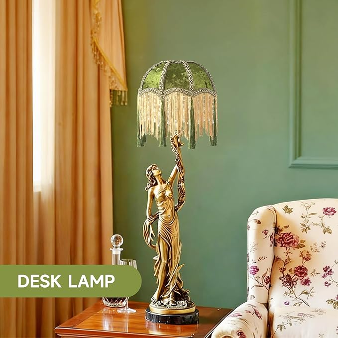 xiaojuande-Lampshade with tassels, Premium Classic Victorian, Style Bell Shape Scallop velvet top replacement lamp,10.14inch Width(olive green)