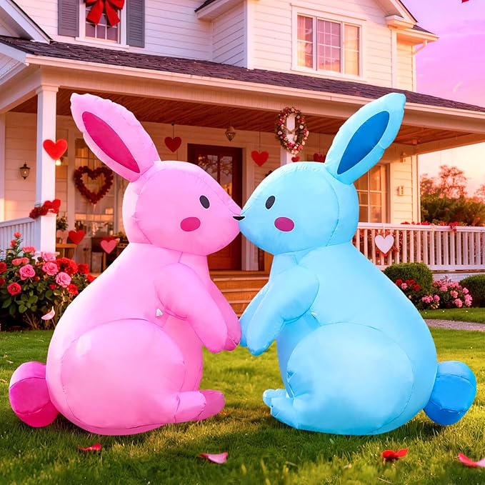 Domkom 6FT Long Easter Inflatable Bunnies Outdoor Decorations, Build-in LED Lights Holiday Blow Up Yard Decoration, for Easter, Outdoor,Garden, Yard Lawn Décor