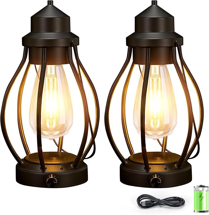 Battery-Powered LED Lanterns Vintage Lights for Christmas, 2 Pack Rechargeable Lantern with Dimmerble Warm White Edison Bulb, Waterproof Hanging Light Table Lamp for Outdoor & Indoor Decorative