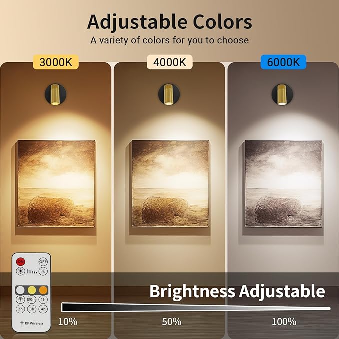 Spotlight Indoor, Wireless Uplighting Indoor with Remote Dimmable, 350° Rotate,Rechargeable Battery Powered Ceiling Spotlight for Artwork Painting Tree Plant Picture Lights Black and Gold