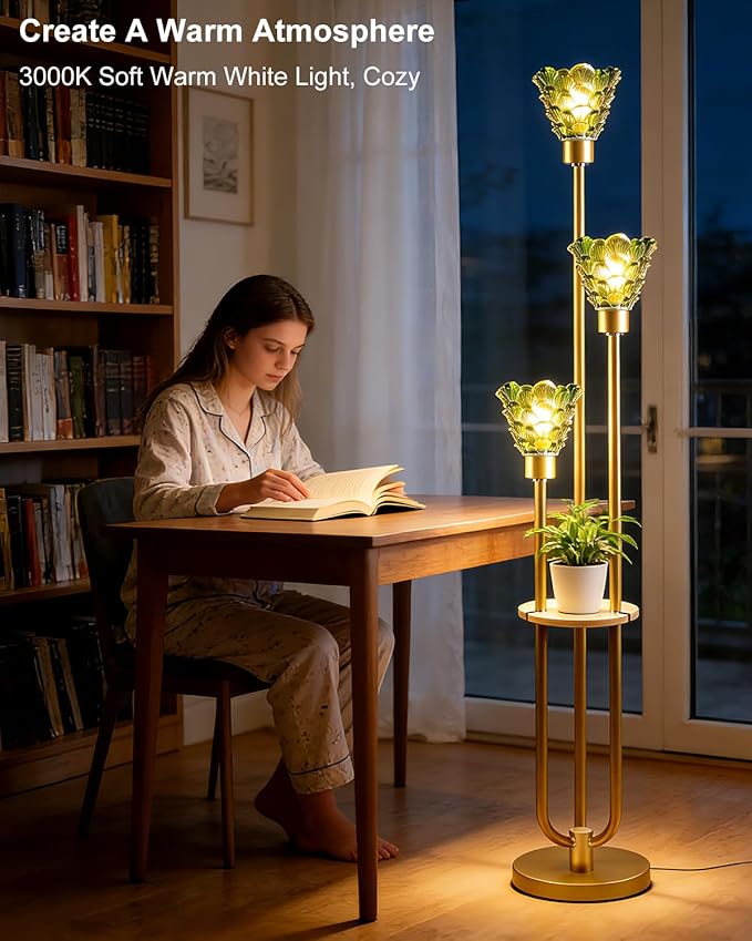 Glass Floor Lamp with Table, 62'' Gold Standing Tall Lamps with Green Glass Shade, 3000K Warmwhite Mid Century Modern Floor Lamp for Living Room/Bedroom/Sofa Beside/Home Corner