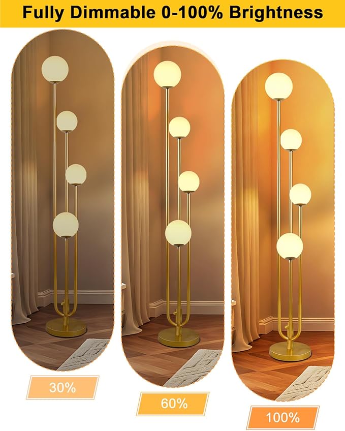 Lightdot Gold Globe Floor Lamp 4-Lights Dimmable Floor Lamps with 3000K Bulbs Included Unique Mid Century Modern Tall Standing Lamp for Living Room/Bedroom/Sofa Beside/Corner Decor