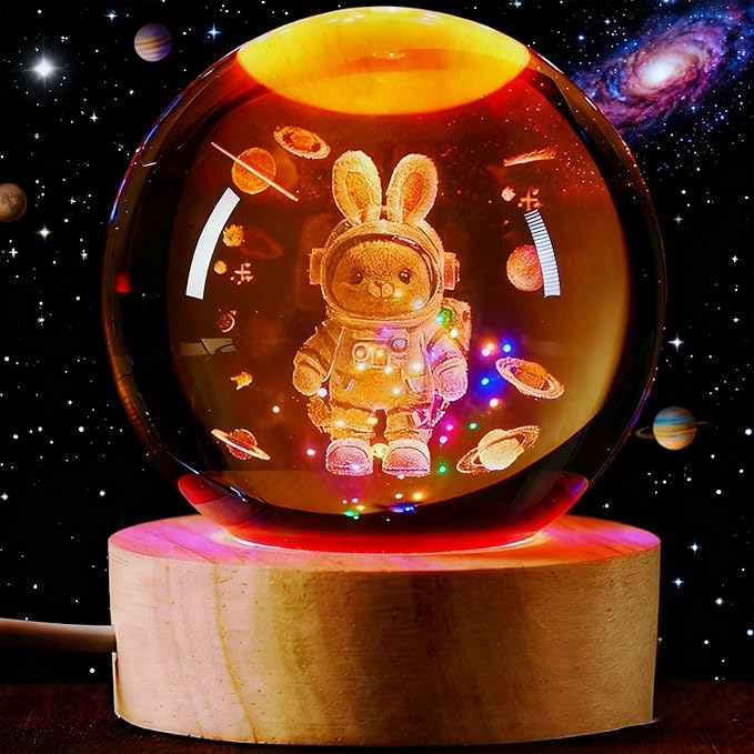 Easter 3D Crystal Ball Rabbit Decor Night Light, Easter Night Light Space Bunny Astronaut Gifts for Kids, Birthday Gift for Boy Gifts for Him Her Boyfriend Girlfriend