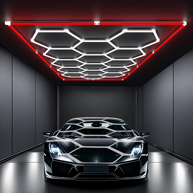 HYPERLITE Gen 2 Hexagon Garage Lights: 15 Grids with Border DIY Hexagon Led Lights, 6500K Ultra Bright, Easy Install Hex Light, Durable Design for Garage, Car Detailing, Workshops, Gym(Red)