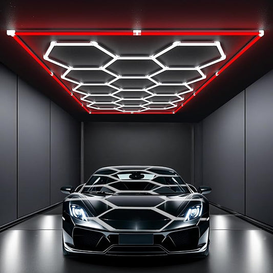 HYPERLITE Gen 2 Hexagon Garage Lights: 15 Grids with Border DIY Hexagon Led Lights, 6500K Ultra Bright, Easy Install Hex Light, Durable Design for Garage, Car Detailing, Workshops, Gym(Red)