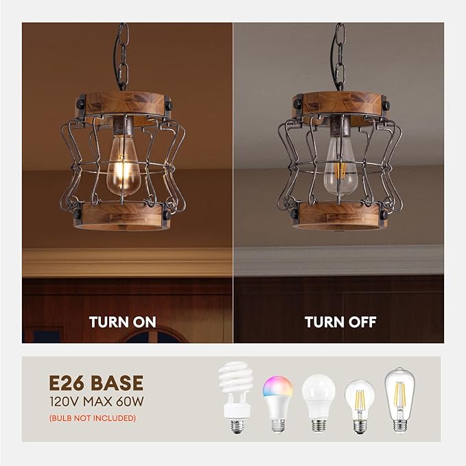 Farmhouse Chandelier Wood and Metal Rustic Light Fixtures 1-Light Round Cage Pendant Light Adjustable Height Industrial Hanging Light for Kitchen Island Hallway Bar Dining Room Entryway D 9.4" x H 9"