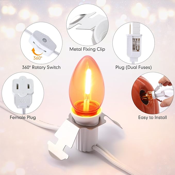 Meonum 4 Pack Accessory Cord with Single C7 LED Light Bulb, 7.6FT Blow Mold LED Light Cord with On/Off Switch for Halloween Pumpkin Christmas Village Paper Lantern Holiday Ceramic Trees