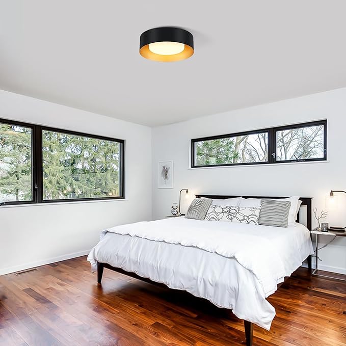 Modern Black and Gold Flush Mount Ceiling Lights, Glass Round Ceiling Lighting, Minimalist Drum Close to Ceiling Light Fixtures for Bedroom, Dining Room, Bathroom, Hallways, Living Room