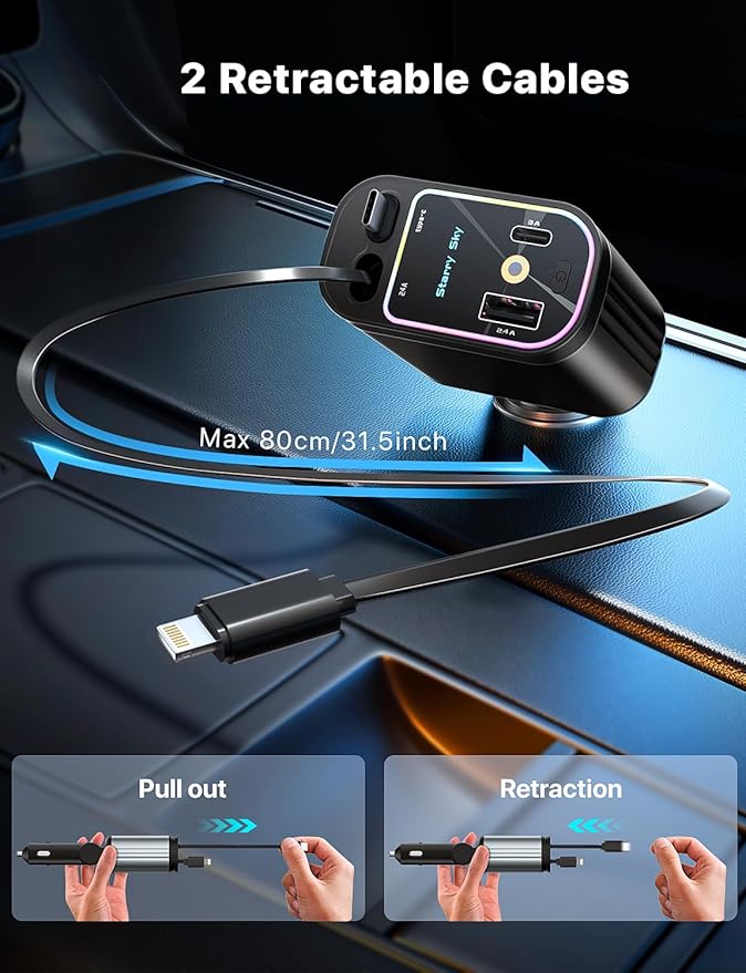 Starlight Retractable Car Charger with Retractable Cables, Starlight in Car Roof 4 in 1 Super Fast USB C Car Phone Charger, 2 USB Ports Starry Sky Adapter, Compatible with iPhone 17 16 15 14, Galaxy