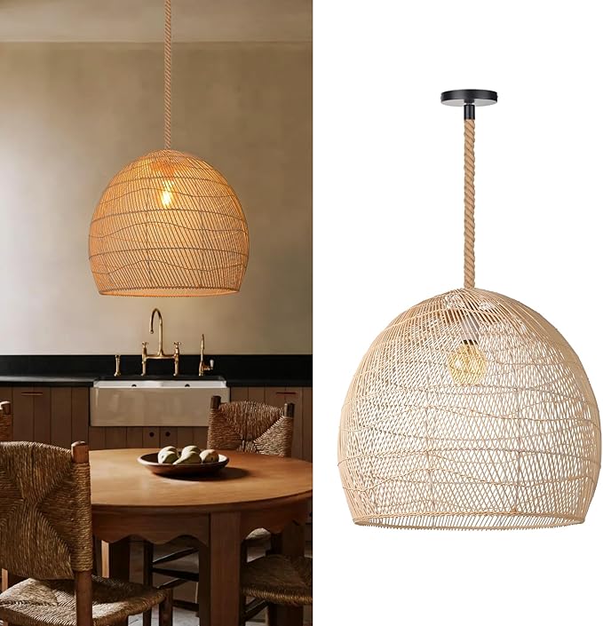 Arturesthome 1 Light Natural Rattan Pendant Light Fixture,Woven Pendant Light Wicker Chandelier,Hanging Ceiling Light,Handmade Lampshade,Rope Lamp for Kitchen Island W19.6in X H 17.7in