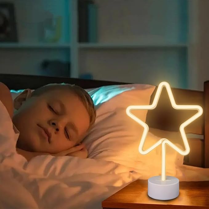 Star Neon Sign with Base, Warm White LED Neon Light, Battery & USB Power Supply, Star LED Light for Home, Bedroom, Study, Store Table, Party Decor, Birthday, Christmas Gifts for Kids, Girls, Boys