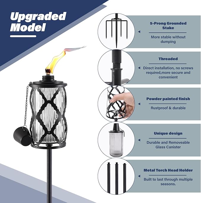 2 Pack Gray Glass Garden Torch ,59-Inch Outdoor Torch Garden Décor, Upgraded 16 oz Citronella Torches with 5-Prong Grounded Stake,Metal Light Torches for Party Patio Pathway